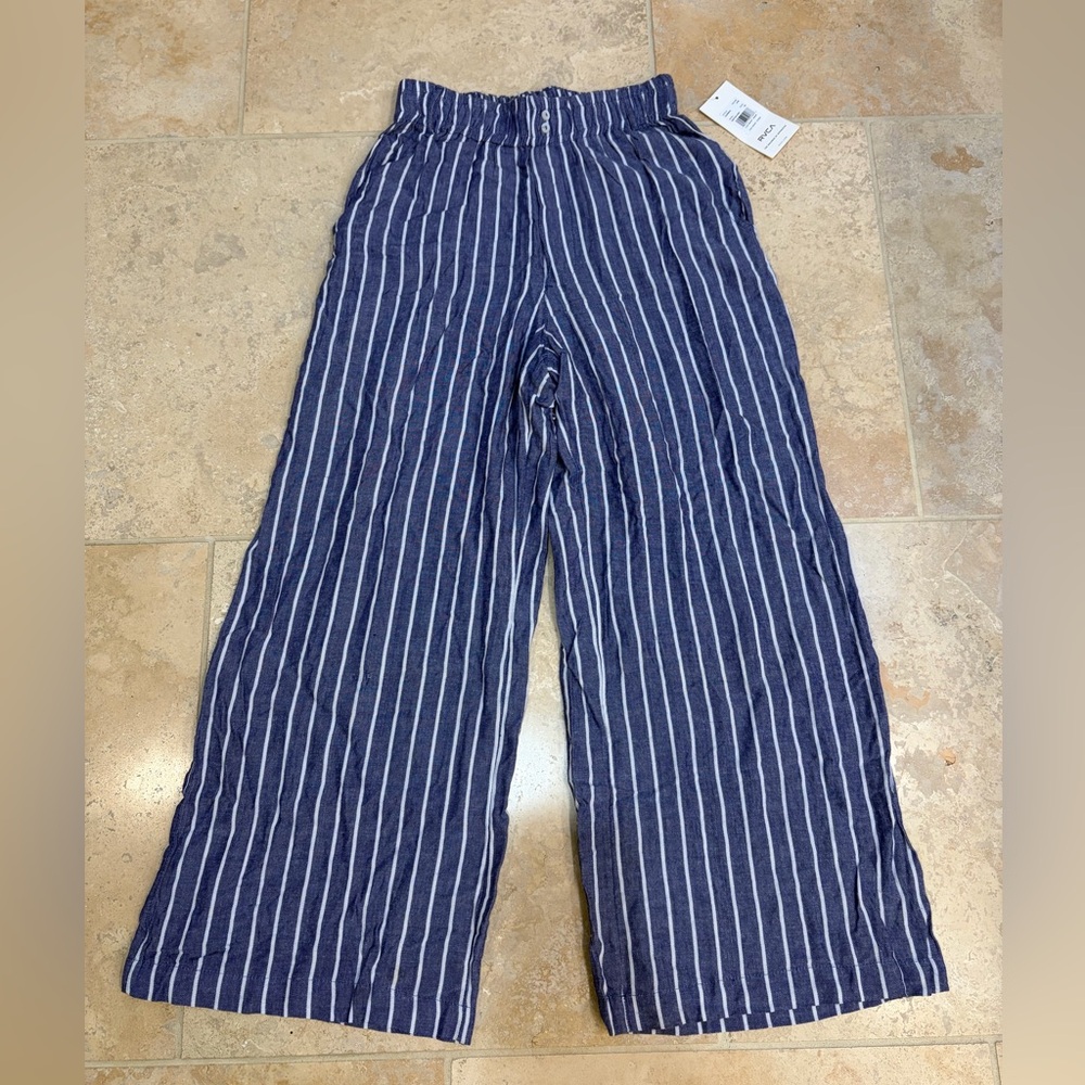 RVCA Navy Blue and White Vertical Stripe Wide-Leg Pants